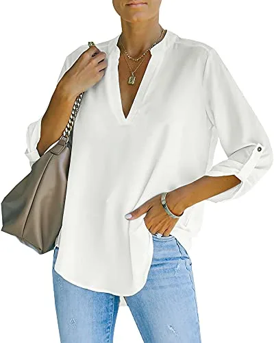 NONSAR Blusa elegante para mujer con cuello en V, blusa Henley con mangas que se pueden remangar, blusa suelta, Blanco, L