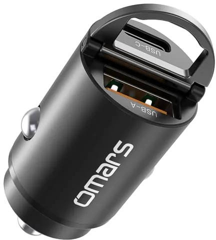 Omars Cargador de Coche, [USB C 33W + USB A 30W] 5A Carga rápida con Anillo de tracción, para iPhone12 Pro MAX Mini Samsung S21 Huawei LG iPad Airpods