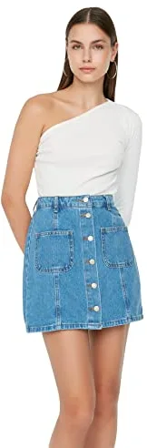 Trendyol Minifalda Vaquera Acampanada para Mujer, Azul., 64