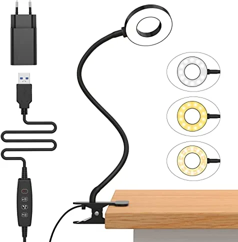 iZELL 23 LED Luz Lectura con Clip [3 Colores y 10 Brillos] Flexo LED Escritorio con Pinza 99.99% Bloqueo de Luz Azul Lámparas de Escritorio, Lámpara Mesa pare Estudio Trabajo Leer(Adaptador Incluido)