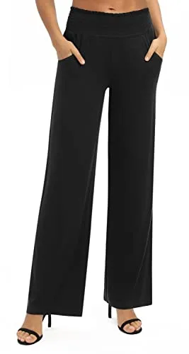 Mujeres Casual Sólido Suelto Anchas Pierna Palazzo Pantalones Elástico Cintura Yoga Pantalones con Bolsillos(XL, Negro)
