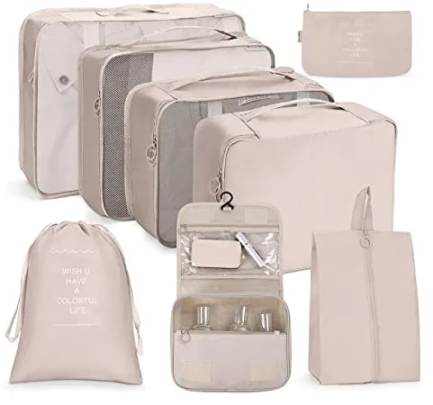 OSDUE Organizadores para Maletas,8 En 1 Set de Organizador de Equipaje Con Hebilla para Colgar y Neceser Impermeable Organizador Maleta Bolsas de Embalaje para Viaje Zapatos Ropa Cosméticos-Beige