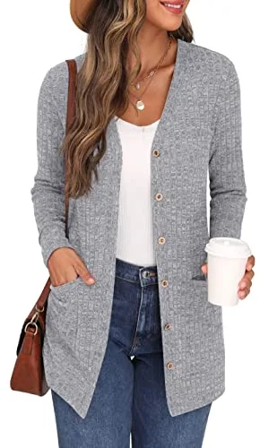 GRECERELLE Cardigan Mujer Elegante Chaqueta Punto Manga Larga Cuello en V Bolsillos Botones Estilo Largo (Gris, L)