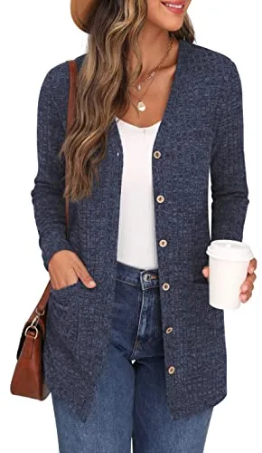 GRECERELLE Cardigan Mujer Elegante Chaqueta Punto Manga Larga Cuello en V Bolsillos Botones Estilo Largo (Azul Marino, L)