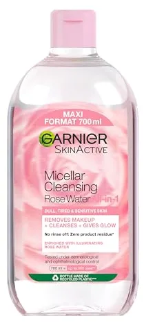Garnier Agua Micelar con Agua de Rosas Todo en 1 para pieles apagadas y sensibles - Piel más suave al instante - Hipoalergénica - Cruelty-Free International y Vegana 700 ml