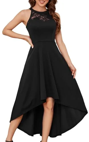 Bbonlinedress Vestido de Fiesta Cocktail Vintage sin Mangas A-línea Midi Alto Bajo Elegante Escote Halter para Mujer Black S