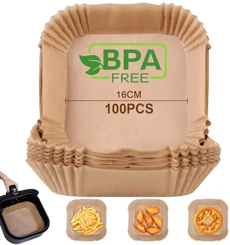AiQInu Papel Freidora Aire Cuadrado, 100 Piezas 16-20 cm Food-Grade BPA free Papel Pergamino Desechable, Papel Horno de Aceite Antiadherente para 3-4.5L Freidora de Aire y Microondas