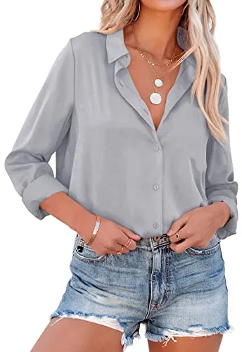 NONSAR Elegante blusa de satén y mangas largas para mujer, camisa con cuello en V, blusa de oficina de estilo casual, Grau, S