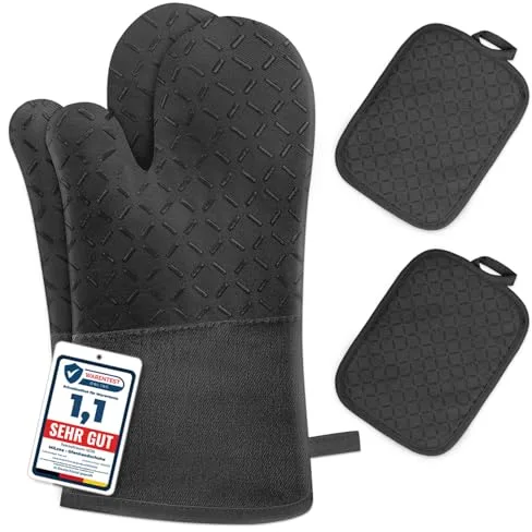 Milcea Manoplas Horno y Almohadillas Aislantes Juego De 4 - Resistentes Al Calor De 300°c, Antideslizantes Guantes Horno Silicona, Algodón Suave, Largo y Flexible Guantes para Horno, Negro