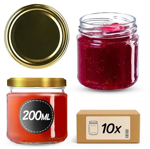 KADAX Tarros Pequeños de 200 ml, Botes de Cristal con Tapa Hermética de 66 mm para Miel, Conservas, Especias y Mermeladas (10 Unidades, Dorado)
