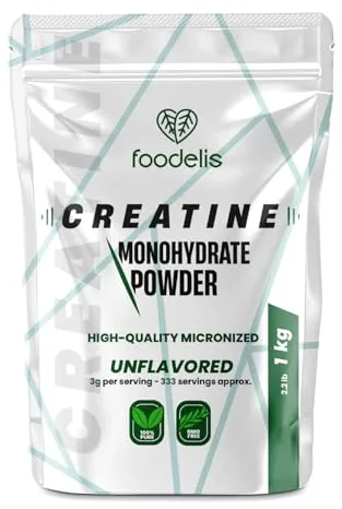 Foodelis Creatina Monohidratada en Polvo 1 kg / 333 Dosis - 100% Creatina Monohidrato Micronizada - Sin Sabor - Pura y Sin Aditivos - No-GMO - Alta Solubilidad - Incluye Dosificador