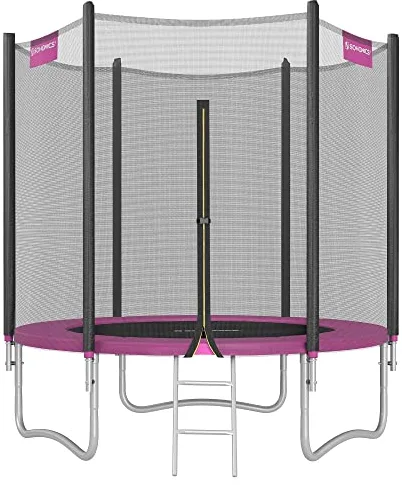 SONGMICS Cama Elástica, 183 cm, Trampolín para Niños con Red, Cojín de Seguridad, Escalera, Mástil Recto de 180 cm de Altura, Marco de Acero, Rosa STR061P01V1