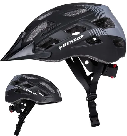 Dunlop Casco Bicicleta Adulto - Casco Bici Ajustable de 55 a 58 cm - Casco MTB y Patinete Talla M - Casco Hombre y Mujer con Iluminación LED y 3 Modos de Luz - Negro