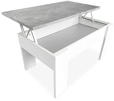 Duérmete Online, Mesa de Centro Elevable, Mesita de Salón o Comedor, Acabado en Color Blanco con Tapa Gris, Medidas, 90 cm (Ancho) x 50 cm (Fondo) x 46, 57 cm (Alto), Madera, 90 x 50 x 46, 57 cm