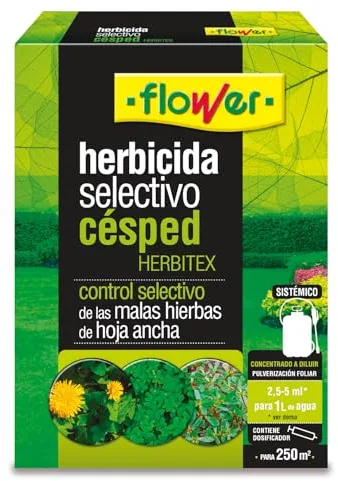 Flower - Herbicida Selectivo Césped Herbitex 25 ml | Elimina Malas Hierbas de Hoja Ancha | Herbicida Concentrado | Efectivo Post Crecimiento | Con Dosificador