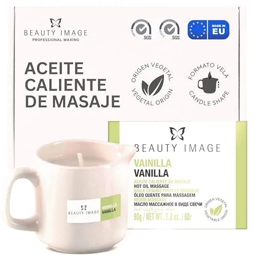 BEAUTY IMAGE Vela de Masaje Vainilla - Grande - Energizante. Mantecas Vegetales, Vainilla y Cacao. [80 gr de 4 a 5 Masajes de Cuerpo Entero]. Aceite Caliente para Masaje Profesional.