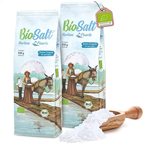 BioSalt Nortem Pearls Sal Marina Virgen Ecológica 2x650 g Grano Extragrueso. Sal Gourmet 100% Natural. Rica en Minerales. Cocina Sana. Sin Refinar, Sin Conservantes.