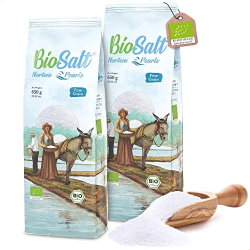 BioSalt Nortem Pearls Sal Marina Virgen Ecológica 2 x 650 g Grano Fino. Sal Gourmet 100% Natural. Rica en Minerales. Cocina Sana. Sin Refinar, Sin Conservantes.