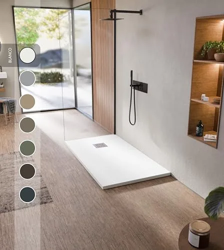 BELLOBATH - Plato de ducha de resina antideslizante - Textura pizarra suave - Plato ducha incluye válvula desagüe y rejilla- Blanco - 80 X 120 cm