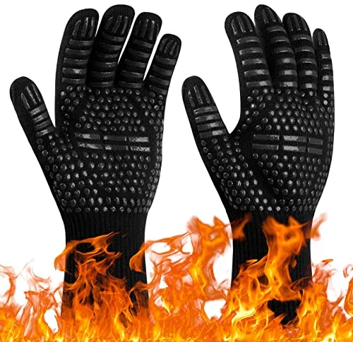 Flintronic Guantes Barbacoa, Guantes para Horno Resistentes al Calor hasta 800℃/1472℉, Guantes Cocina con Certificación EN407, Guantes para Parrilla, Hornear, Microondas, Parrilla-1 Par/Negro/30CM