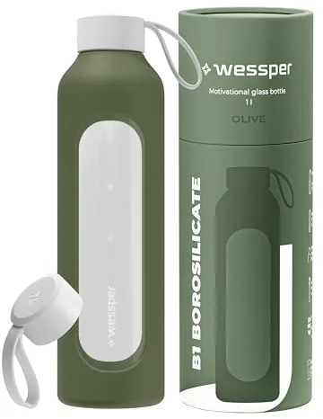 Wessper Botella de Agua Cristal, Botella 1 Litro Motivadora con Escala de Hidratación, Botellas de Vidrio Borosilicato con Funda de Silicona, Material Seguro sin BPA – Oliva