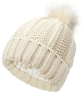 TOEECY Gorros Invierno Mujer Cálido Sombrero de Punto con Pompón de Piel Sintética Suave Grueso Gorra Tejida de Satén Forrado Proteger el Peinado Moda Cómodo Slouchy Bobble Beanie (Beige)