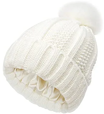 TOEECY Gorros Invierno Mujer Cálido Sombrero de Punto con Pompón de Piel Sintética Suave Grueso Gorra Tejida de Satén Forrado Proteger el Peinado Moda Cómodo Slouchy Bobble Beanie (Blanco)