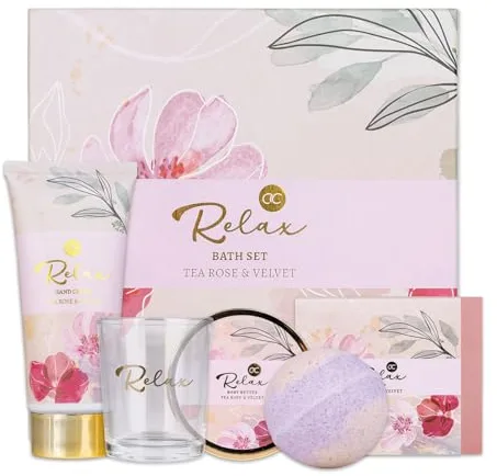 Accentra - Set de baño y tratamiento RELAX estuche de regalo - Kit regalo bienestar 5 pz para mujer - incluye manteca cuerpo, jabón, crema manos, bomba baño y vela perfumada, aroma: Tea Rose & Velvet