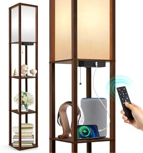 OUTON Lámpara de Pie, Puerto de Carga y Control Remoto, Madera Estante, LED Regulable de 4 Temperaturas de Color, Incluye Bombilla, para Salón, Dormitorio y Oficina, Decoración Vintage,Marrón