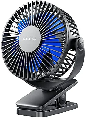 Gaiatop Ventilador portátil de clip que funciona con pilas, pequeño y potente ventilador de escritorio USB, mini ventilador de mesa recargable silencioso de 3 velocidades, camping, negro y azul