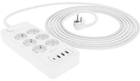 Amazon Basics Rectángulo Regleta de 6 enchufes con protección contra subidas de tensión, 1 USB-C (20W), 3 USB-A (12W), 1050 J, Cable Trenzado, 1,5 m de Largo, Blanco