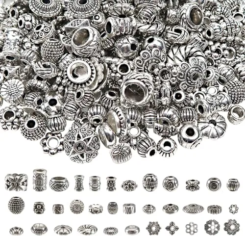 TOAOB 300 Piezas Abalorios Espaciadoras de 35 Estilos Cuentas Espaciadoras Tibetanas Plata de Metal Cuentas Sueltas para DIY Pulseras Collares Colgantes Pendientes Joyería Bisutería