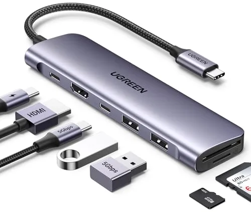 UGREEN Revodok 1071 Hub USB C HDMI 4K Adaptador Tipo C Lector Tarjeta SD TF PD 100W Carga Compatible con MacBook Pro Air M3 M2 M1, iPad, iPhone 17 Pro MAX Air, Galaxy S24