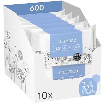 Toallitas húmedas para bebés LILLYDOO con un 99% de agua, 10 paquetes de 60 (600 unidades), 100% libres de plástico sin perfumes y tan suave como el algodón y el agua