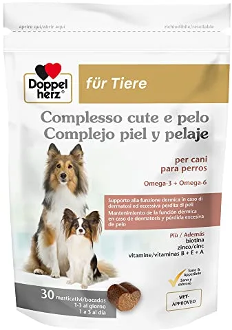 Doppelherz Complejo Piel Y Pelaje para Perros, Mantenimiento De La Función Dérmica En Caso De Dermatosis Y Pérdida Excesiva De Pelo, Omega-3+6, Zinc, biotina, vitaminas B+E+A, 30 Bocados