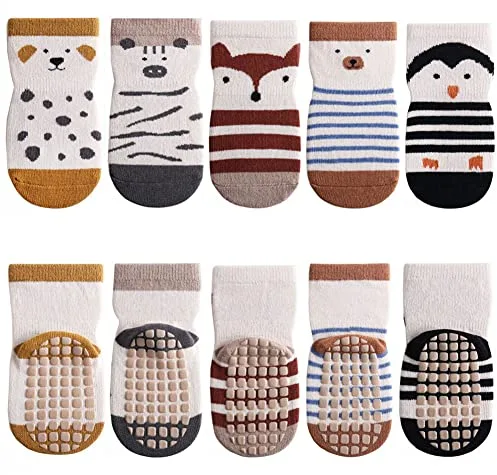 FedMois Calcetines Antideslizantes de Algodón para Bebé Niño Niña Pack de 5, Pingüino, 1-3 años