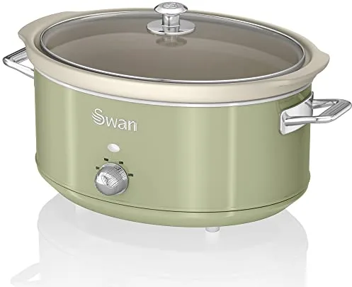 Swan Retro SF17031GNEU Olla Cocción Lenta 6,5L Recipiente Extraíble, Antiadherente Cerámica libre PFOA y PTFE, 3 Niveles Temperatura, Tapa Vidrio, Slow Cooker, Diseño Vintage, Verde, 320W