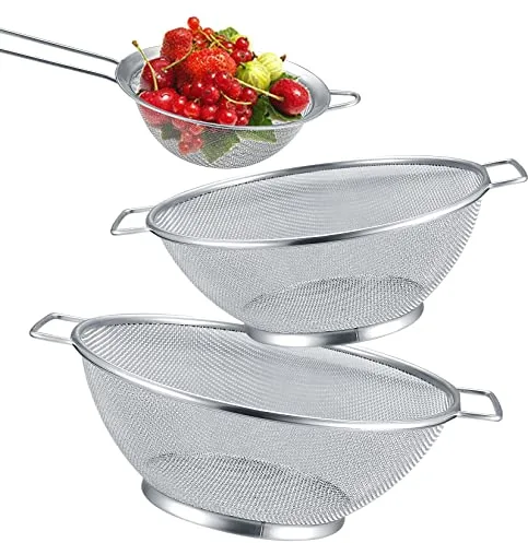 3 Piezas Colador de Malla Fina de Cocina de Acero Inoxidable, Colador Tamices Ø 24,5 cm y Ø 21,5 con 2 Asas para Pasta Verduras y Frutas, con 1 x Tamiz de Acero Inox con Mango Largo