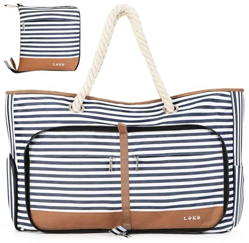 Lekespring Bolsa Playa Grande XXL Familiar con Cremallera Bolsa de Viaje, Impermeable Shopper Bolso de Hombro para Mujer, Bolsa de Mano Plegable para Playa/Viajes/Uso Diario, Azul Rayas