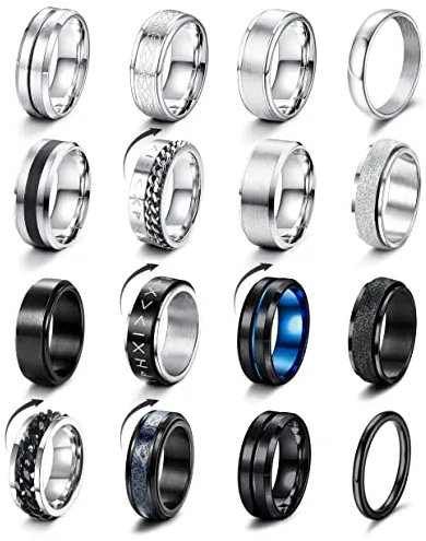 LOLIAS 16 Piezas Anillos Hombre Plata Negro Acero Inoxidable Acabado Mate Anillo Cadena Banda Pulido Abrebotellas Anillos Alianzas Boda Anillo Compromiso Vintage Fidget Anillo para Hombre Mujere