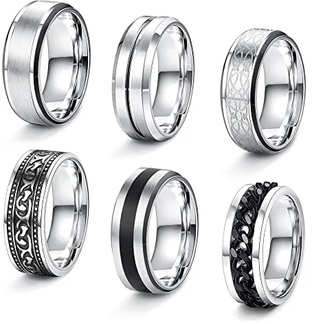 JeweBella 6 Piezas Anillos Hombre Acero Inoxidable Plata Pulida Cadena Negro Vintage Nudo Celta - Juego de Anillos Vikingo Gótico Punk para Hombre Mujer Tamaño 14-30