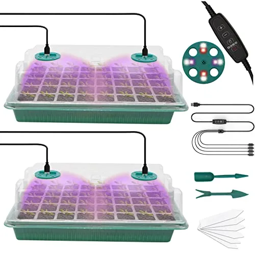 MQFORU Bandejas Semillas de Germinacion con Luz de Crecimiento Ajustable，2 Pcs 80 Células Germinador de Semillas,2 Metros Temporizador Controlador para Invernadero Cultivar Semillas de Plantas