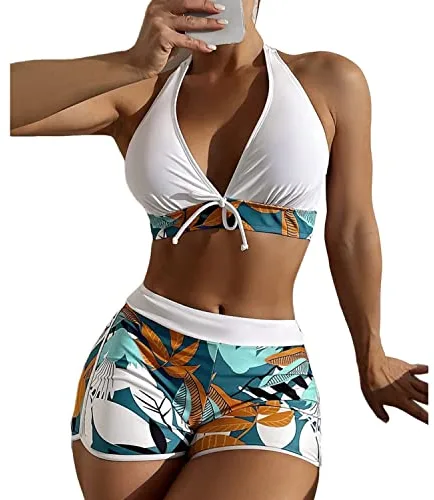 Traje de baño de Mujer de Dos Piezas Push Up Floral Halter Tankini Set con Shorts Bikini para Estampado V Dos Piezas Conjunto Bañador Traje con Relleno Mujer Brasileo Ropa de Playa