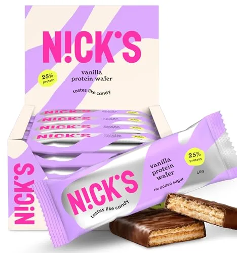 NICKS Protein wafer Vainilla | 25% Proteína | 203 calorías | Barritas Proteicas Oblea Chocolate Sin Azúcar Añadido Low Carb Snack Bar Sin Gluten (24x40g)