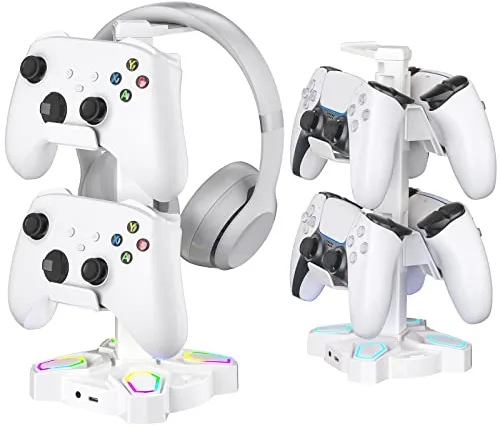 KDD Soporte Auriculares Gaming, LED Soporte Cascos y Mando con 2 Puertos de Carga USB & 1 Tipo-C & 3,5mm Conector de Audio, Headset Stand con 9 Modos de Luz para Accesorios Gaming PC PS4 PS5, Blanco