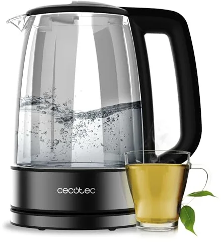 Cecotec Hervidor Eléctrico de Agua de 1,7 L ThermoSense 340 Clear. 2200W, Cuerpo de Vidrio de Borosilicato, Indicador Luminoso, Base con Giro 360º, Sistema de Seguridad