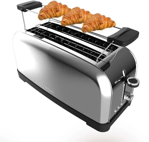 Cecotec Tostador Vertical Toastin' Time 1500 Inox, 1500W, Doble ranura larga y ranura ancha 3,8cm, Varillas Superiores, Acero Inoxidable, Apagado y Pop-up Automático, Recogemigas