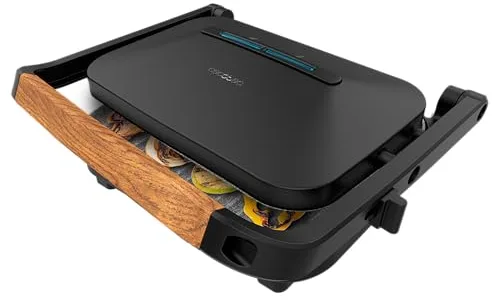 Cecotec Parrilla Eléctrica Rock'Ngrill 1300 Wood B. Potencia de 1300W, Diseño Negro, Revestimiento Rockstone, Base Antideslizante, Placa Flotante, Indicador Luminoso, Asa de Madera, Versatilidad
