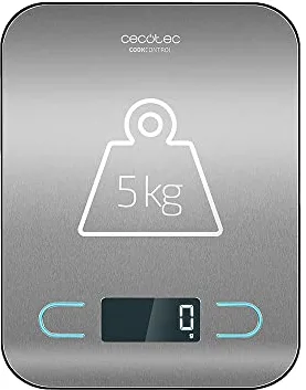Cecotec Báscula de Cocina Digital de Alta Precisión CookControl. Plataforma de Acero inoxidable, Antihuellas, Diseño extraplano, Pantalla LCD, Capacidad máxima de 5 kg, Precisión de 1g