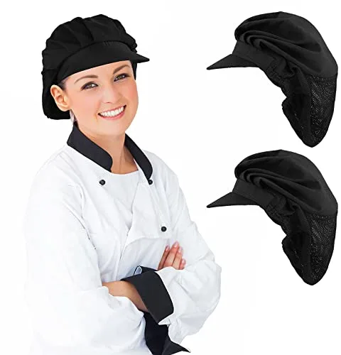 2 Piezas Gorro de Chef Redecilla Negra para Cocina Media Malla Elástica Transpirable para Panadero, Mujer, Catering, con Sombrero de Chef con ala
